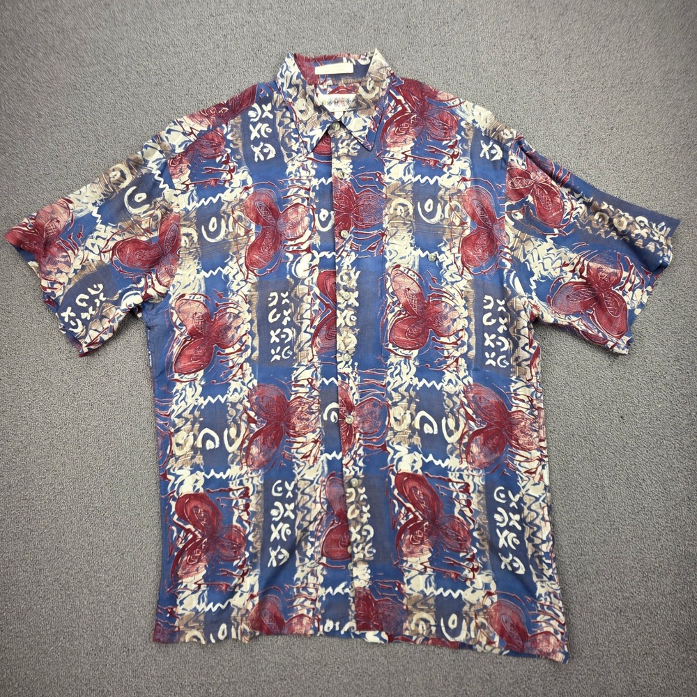 Campia Moda‎ Abstract Floral Button Down Shirt Mens Blue Red Rayon Casual M